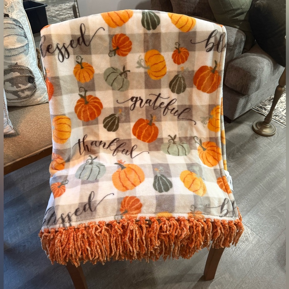 Pumpkin Themed Throw Blanket with Fringe